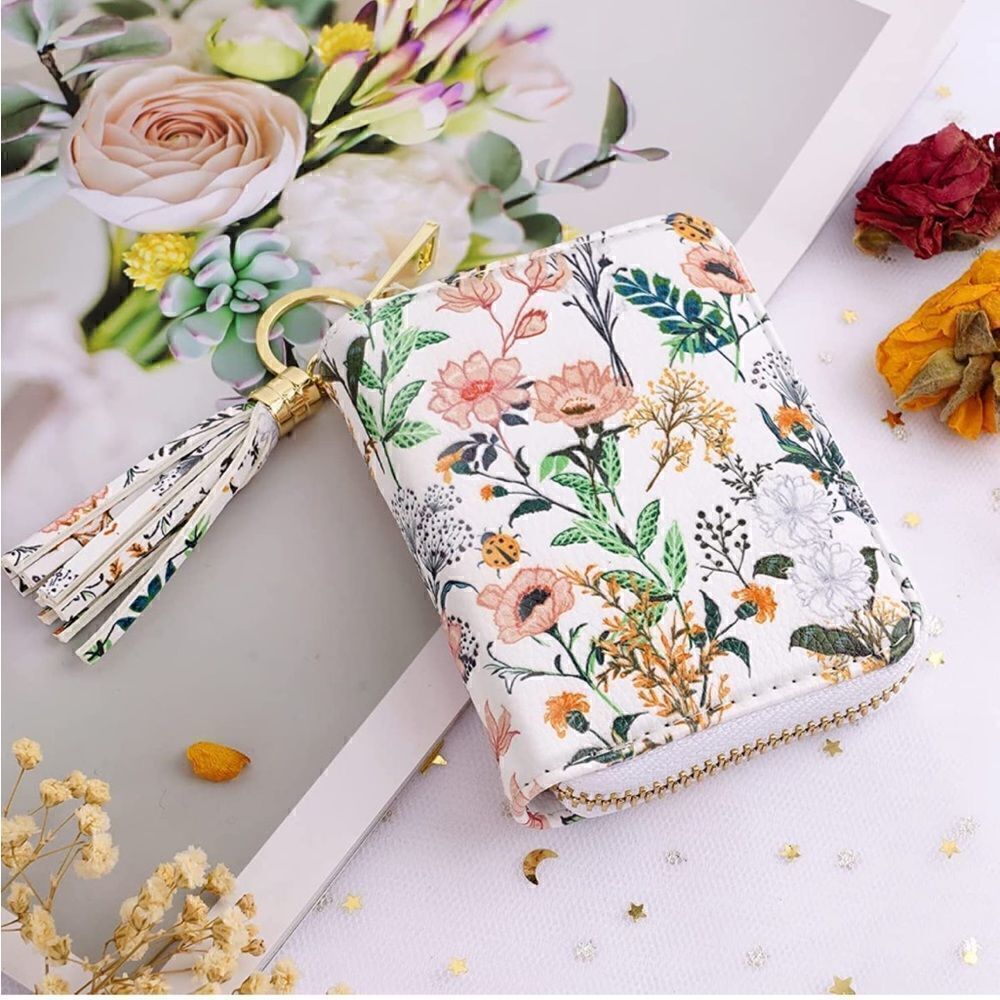White Floral Leather Compact Wallet